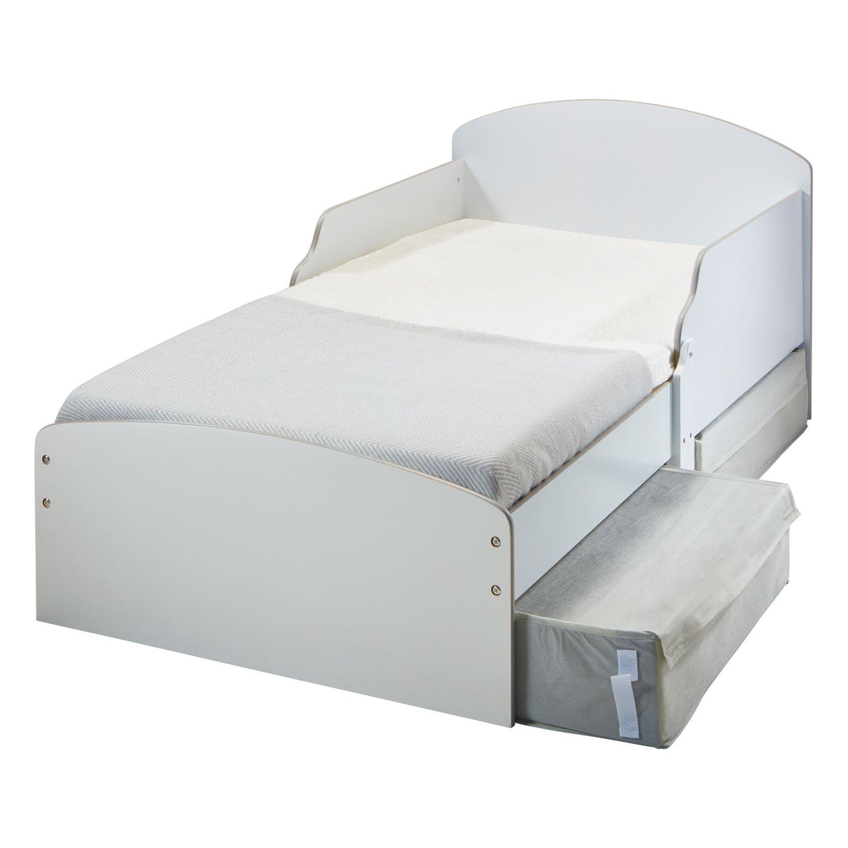 Hvid børneseng med 2 opbevaringsskuffer under sengen