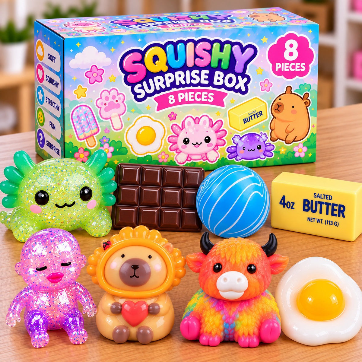 Squishy box 6 med 8 dele (Box medfølger ikke - leveres i brun papkasse)