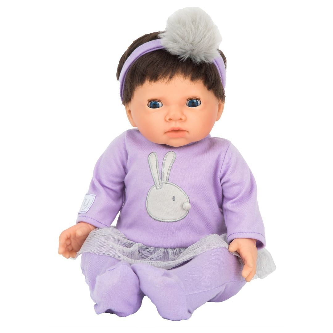 Tiny Treasures dukke med mørkt hår og lilla outfit