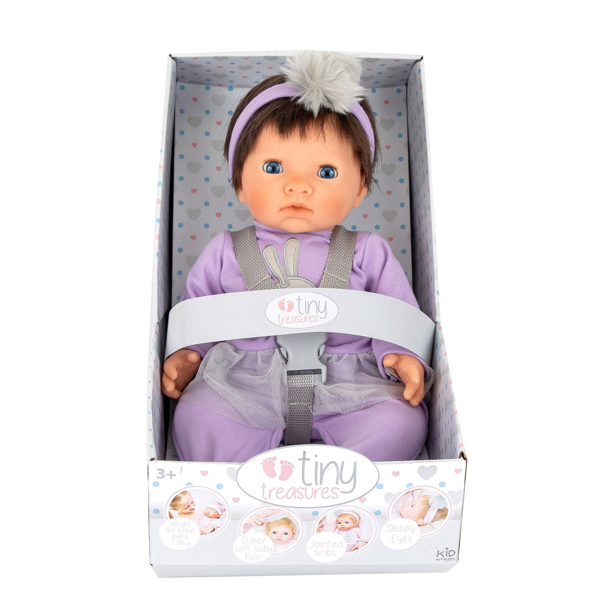 Tiny Treasures dukke med mørkt hår og lilla outfit