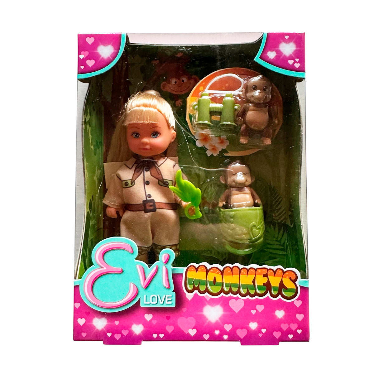 Dukke med abe og tilbehør