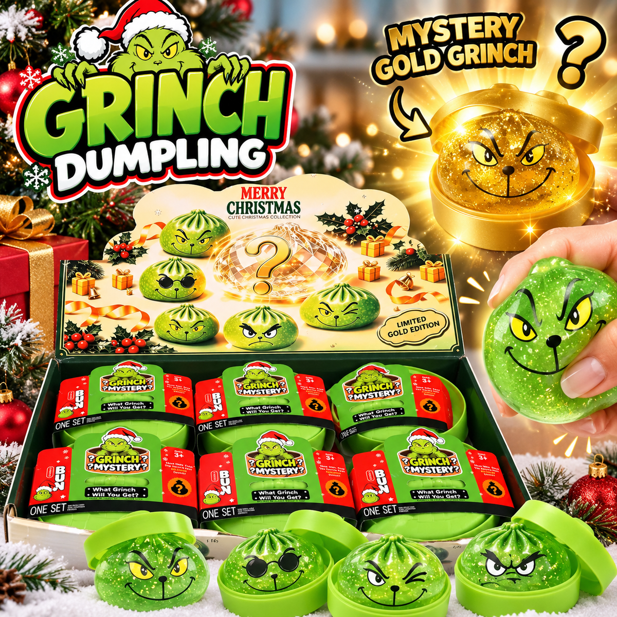 Grinch Jule Dumpling squishy 8.5 cm- Find den sjældne guld Grinch! "Slime fyld"