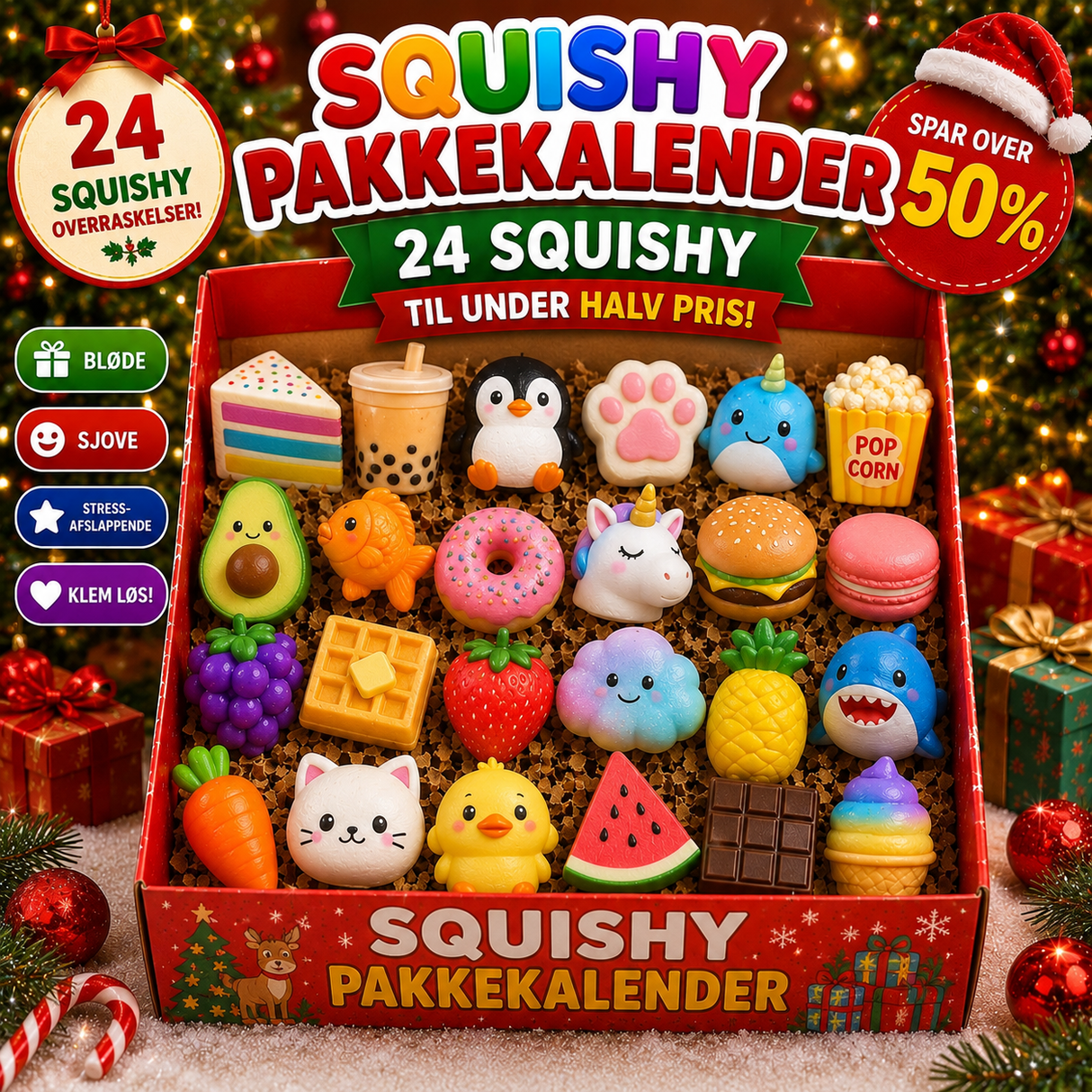 Squishy pakkekalender - 24 stk (INCL 1 XXL TIL DEN 24/12) - FORUDBESTILLING - SENDES UD FRA 1/9