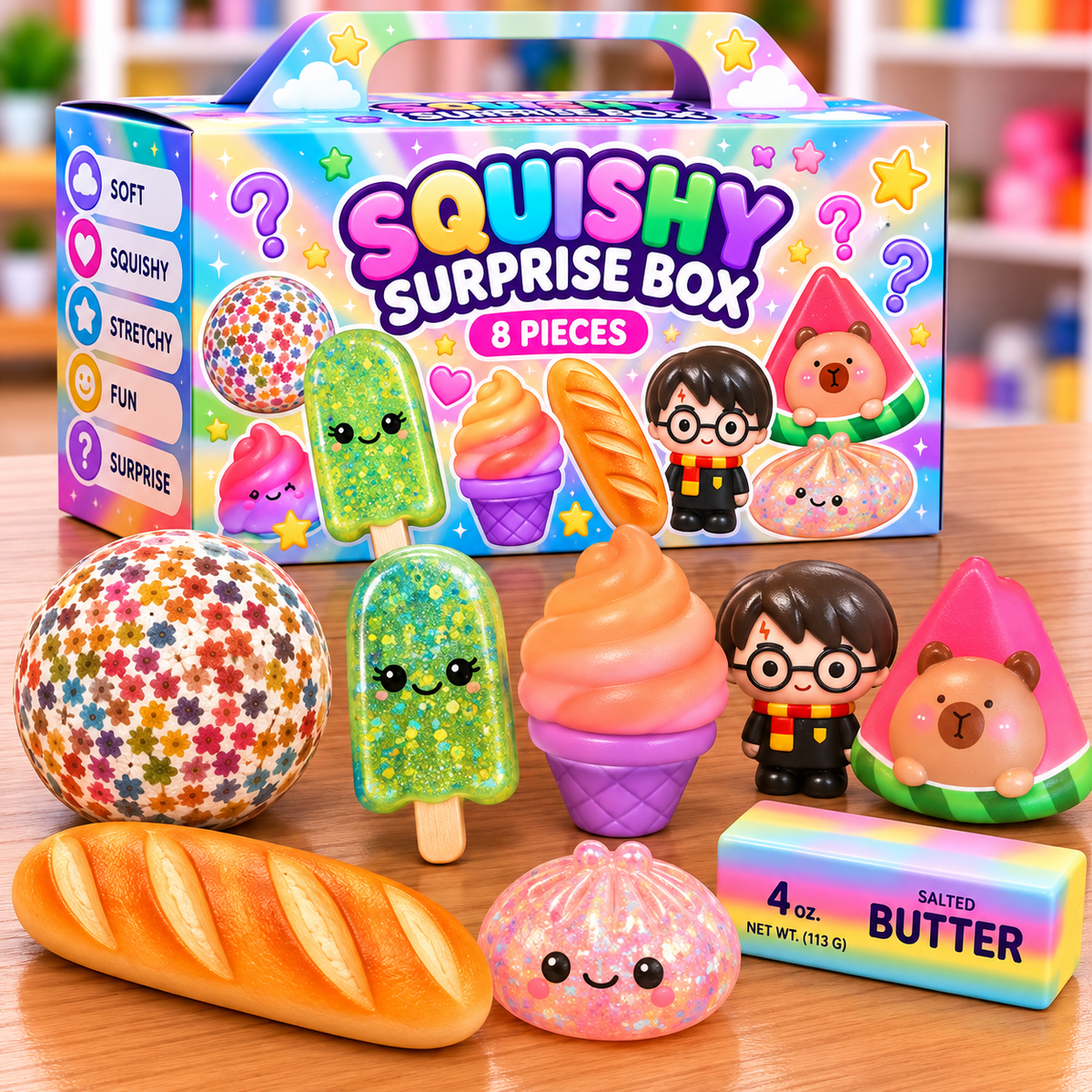Squishy box 4 med 8 dele (Box medfølger ikke - leveres i brun papkasse)