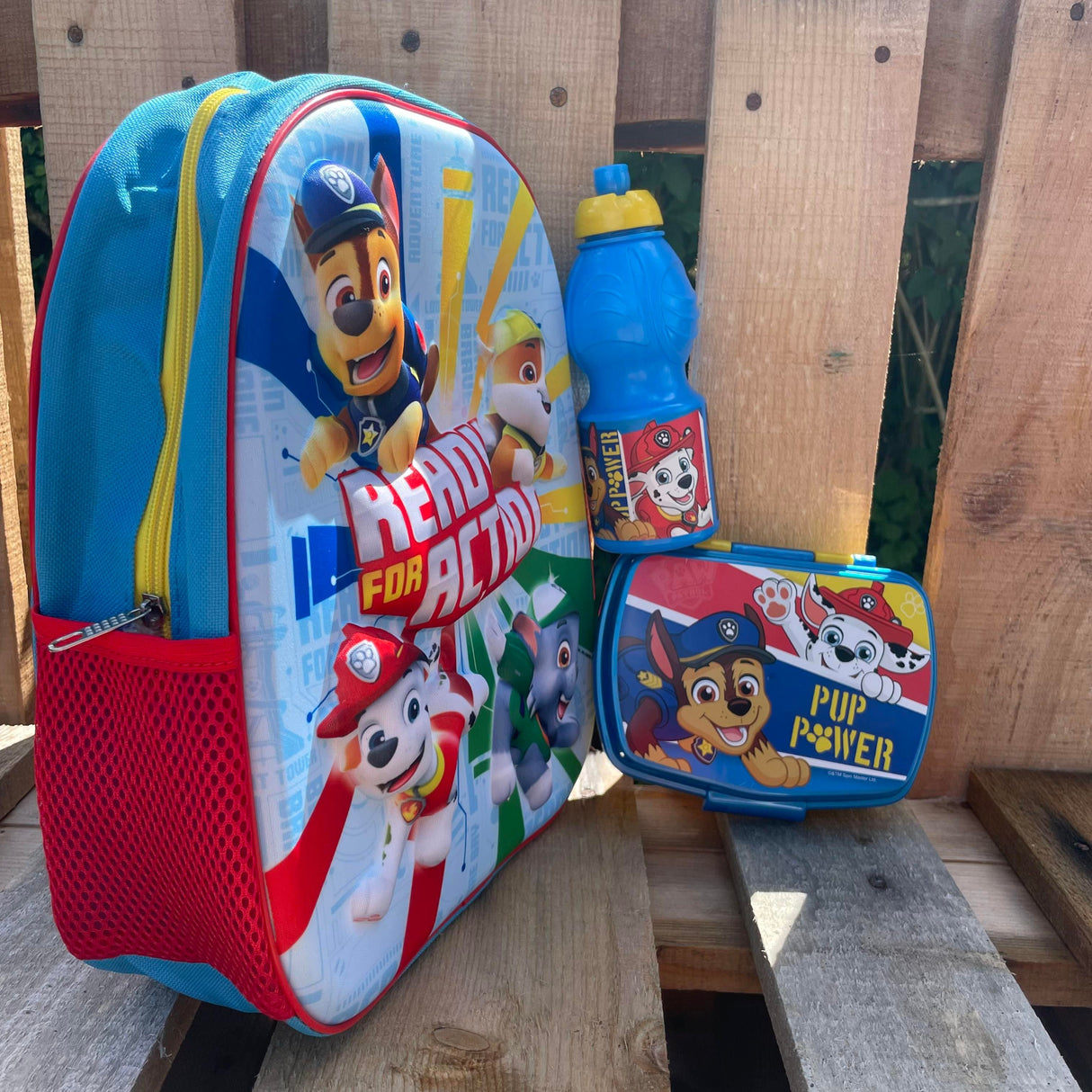 Paw Patrol startersæt med 3D rygsæk, madkasse og drikkedunk.