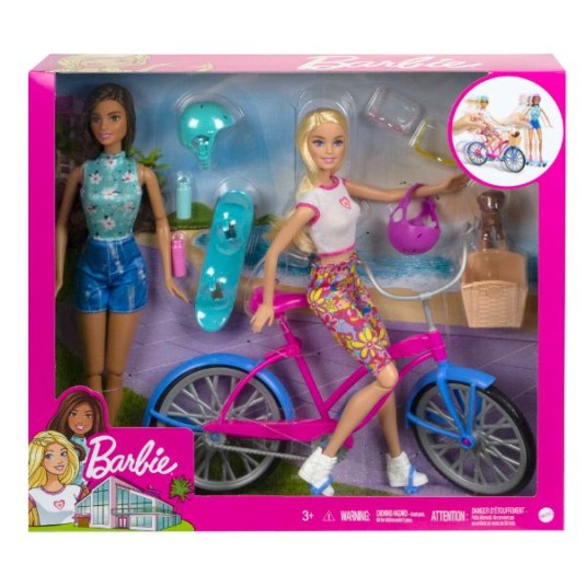BARBIE SÆT 2x DUKKE PÅ CYKEL OG SKATEBOARD