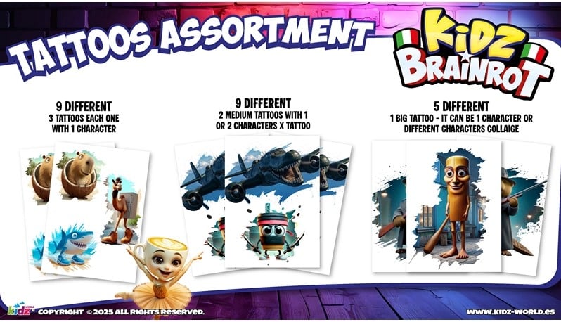 Italian Brainrot holographic kort samt tatoveringer