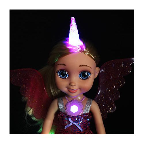 40 cm stor Unicorn fe dukke med vinger, lys og lyd.