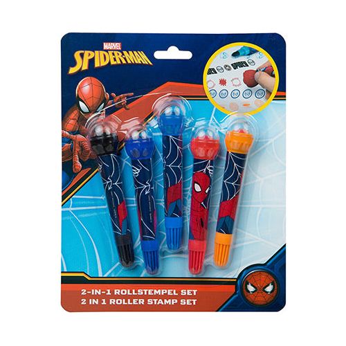 Spiderman stempelsæt med forskellige farver og designs.