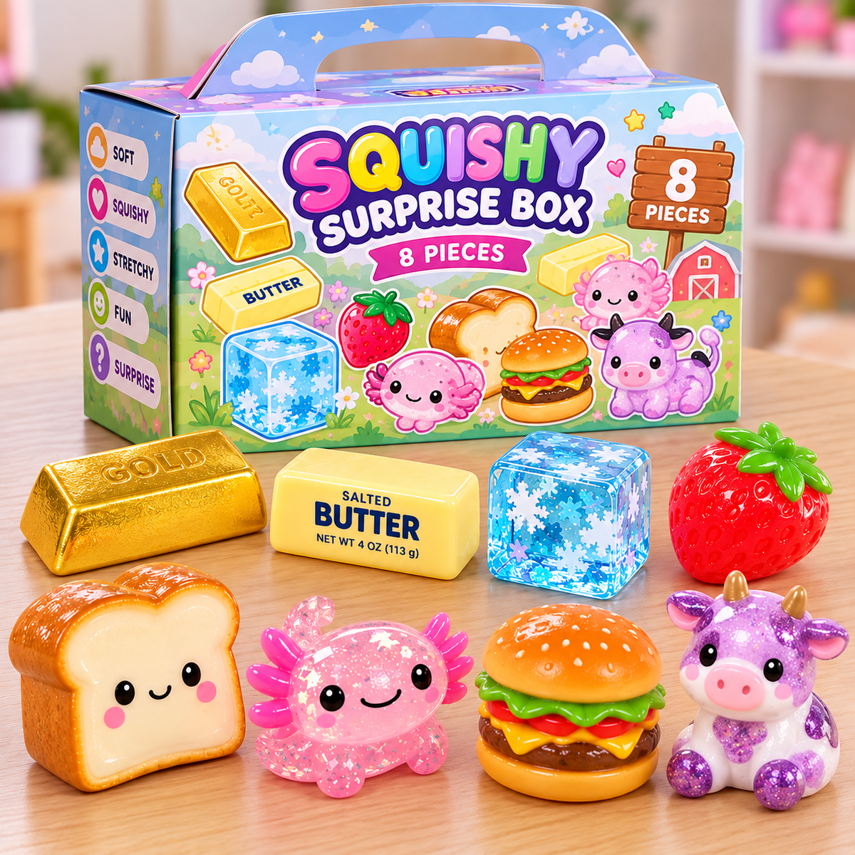 Squishy box med 8 dele (Box medfølger ikke - leveres i alm. Papkasse )