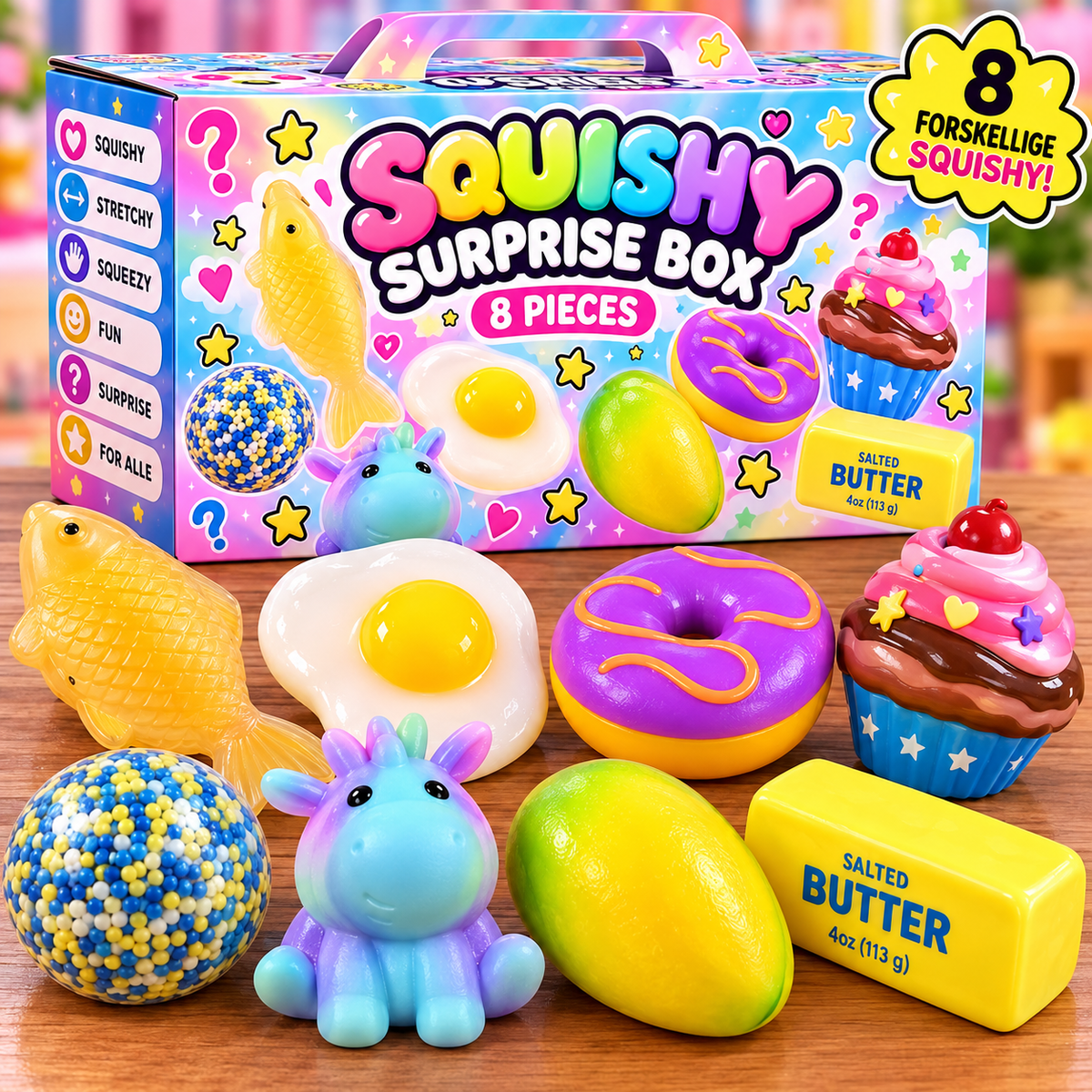 Squishy box 5 incl Wax og crunchy - 8 Squishy (Box medfølger ikke - leveres i brun papkasse)
