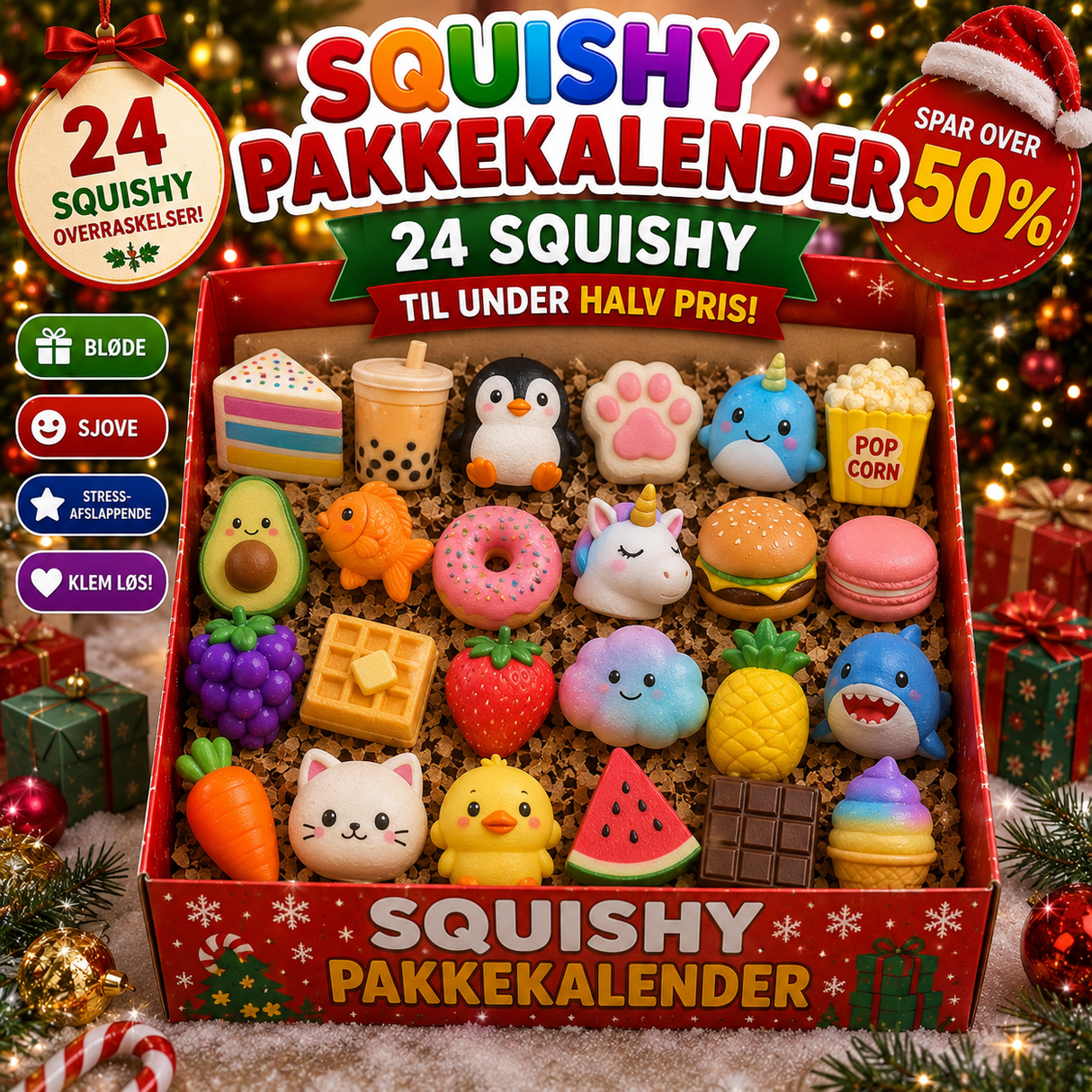 Squishy pakkekalender - 24 stk (INCL 1 XXL TIL DEN 24/12) - FORUDBESTILLING - SENDES UD FRA 1/9