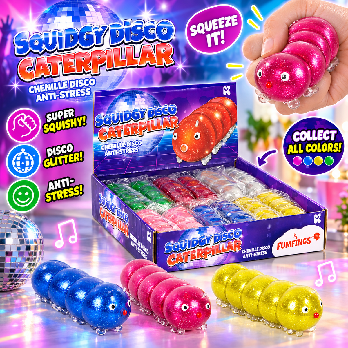 Squishy disco caterpillar 10 cm