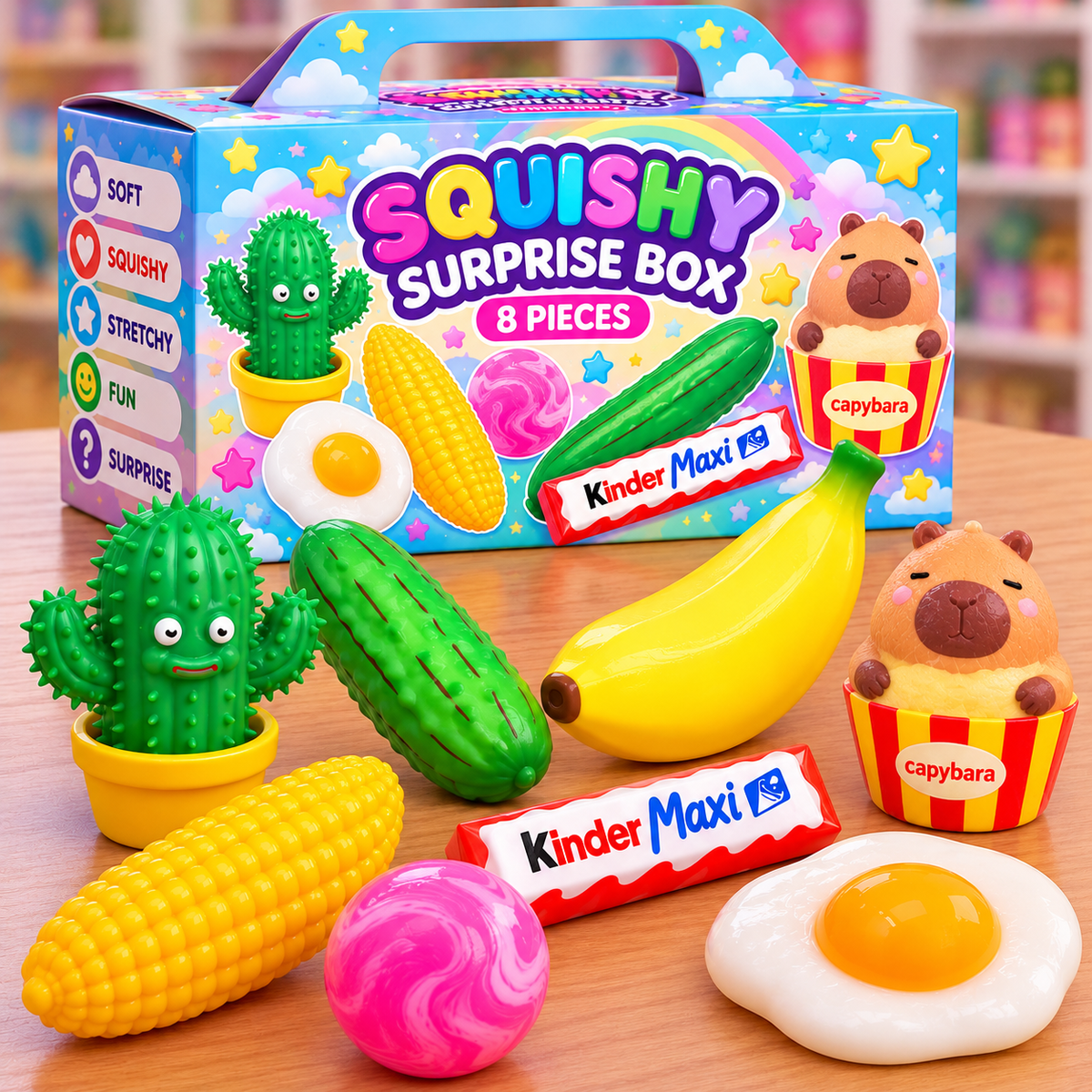 Squishy surprise box med 8 dele (Box medfølger ikke - leveres i brun papkasse)