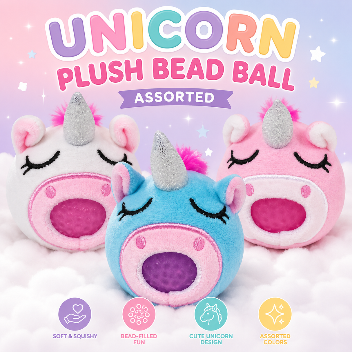 UNICORN PLUSH BEAD BALL ASSORTED