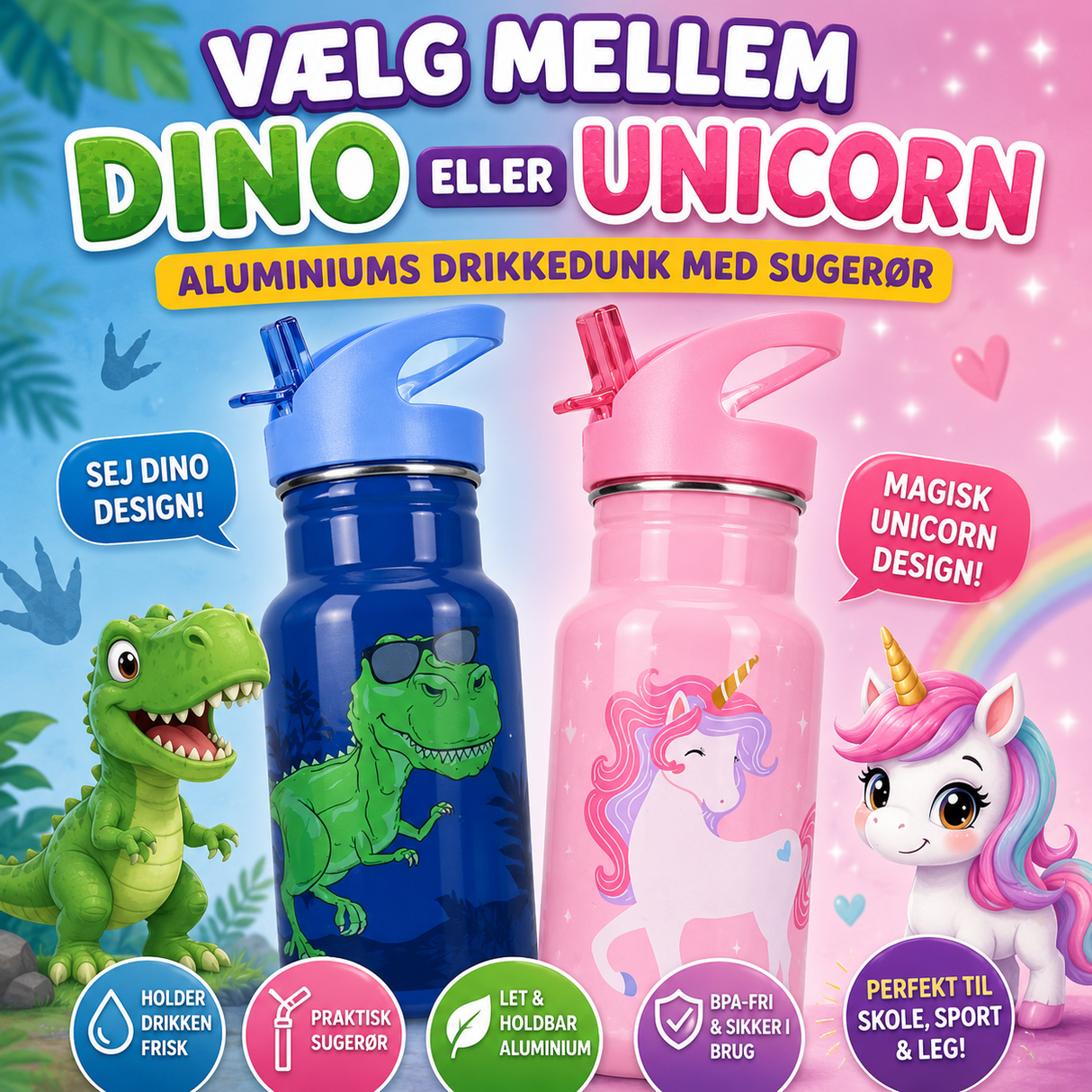 Aluminiums drikkedunk Unicorn / Dinosaur 500ML
