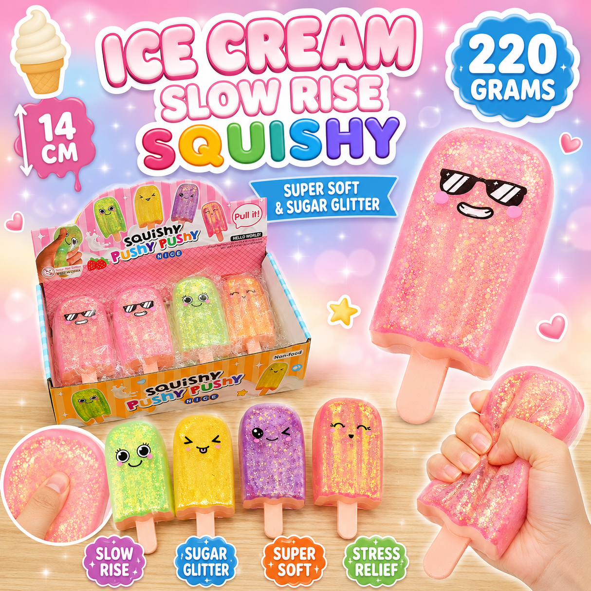 Ice cream slow rise sugar squishy 220 gram - 14 cm - Assorteret farve