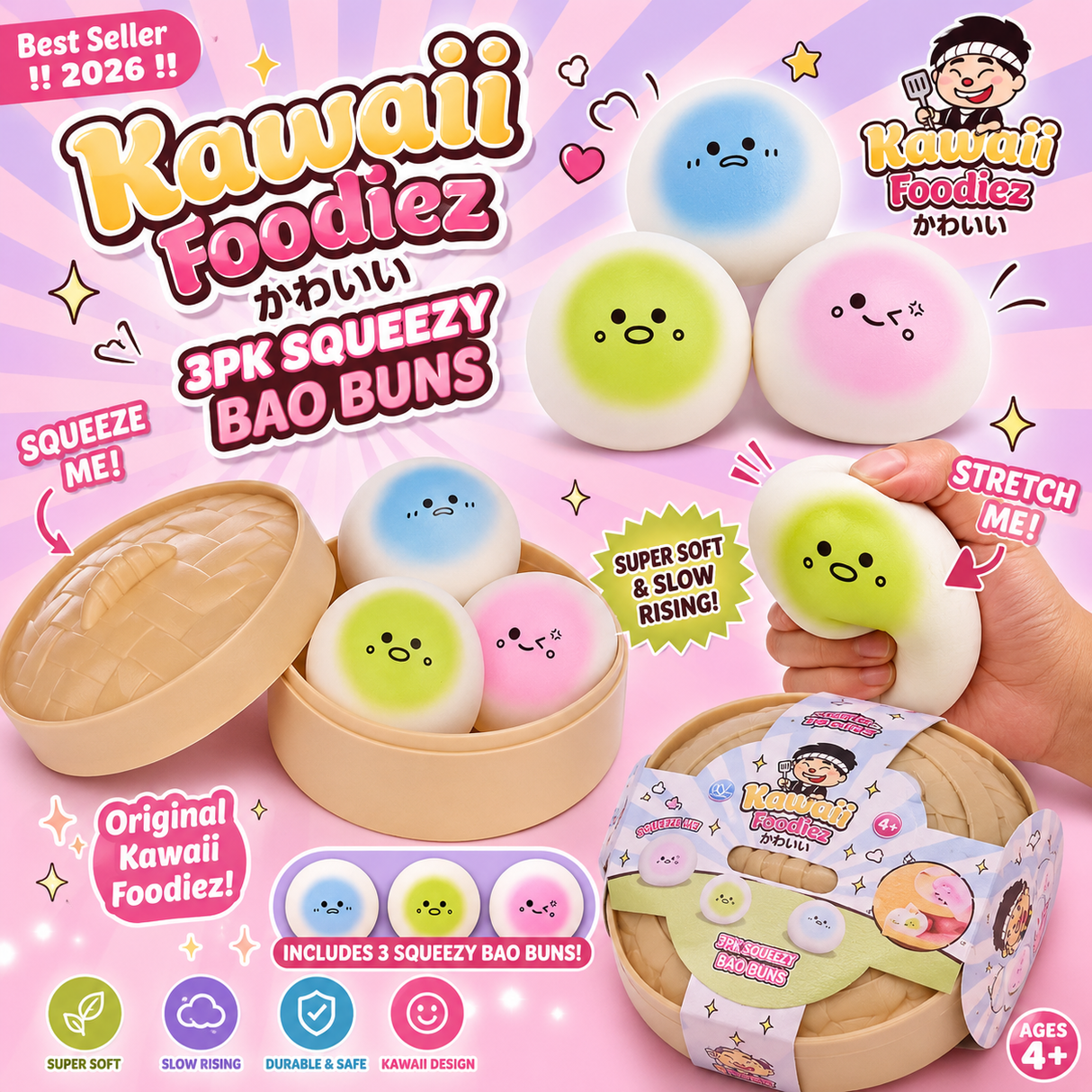 3 pack Kawaii cuties Bao Buns