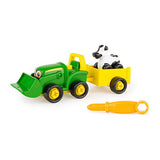 John Deere take-apart sæt med traktor, vogn og ko.