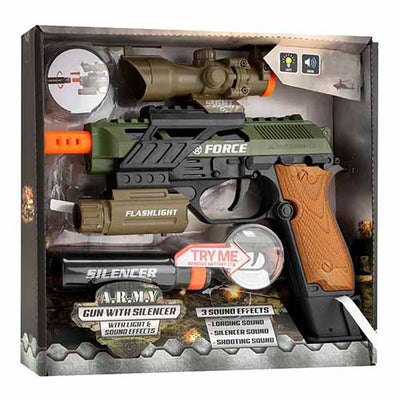 A.R.M.Y pistol med lyd og lys lyddæmper/sigtekorn/lommelygte legesæt