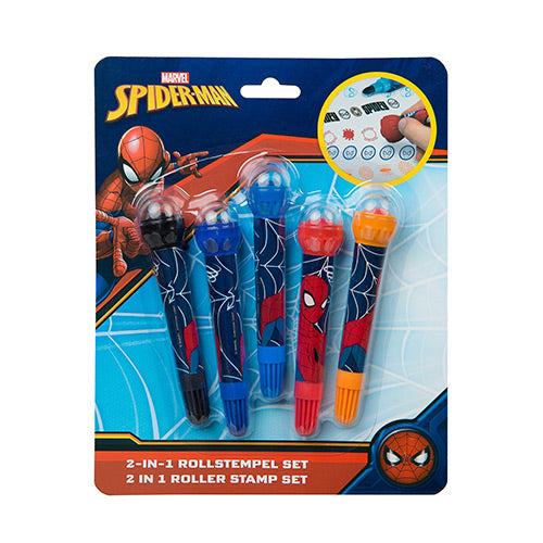 Spiderman stempelsæt med forskellige farver og designs.